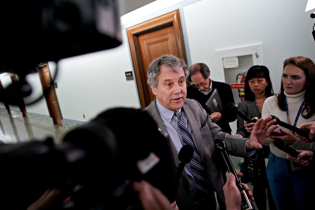 Senator Sherrod Brown speaks to members of the media before a Senate Finance Committee hearing in Washington, DC, on March 16. 