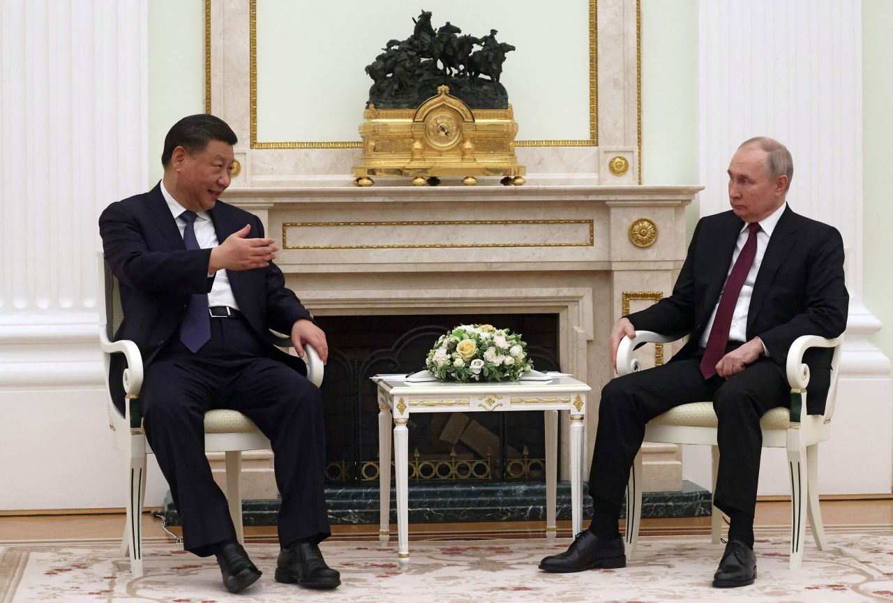 China's President Xi Jinping, left, meets with Russian President Vladimir Putin at the Kremlin in Moscow on March 20, 2023.