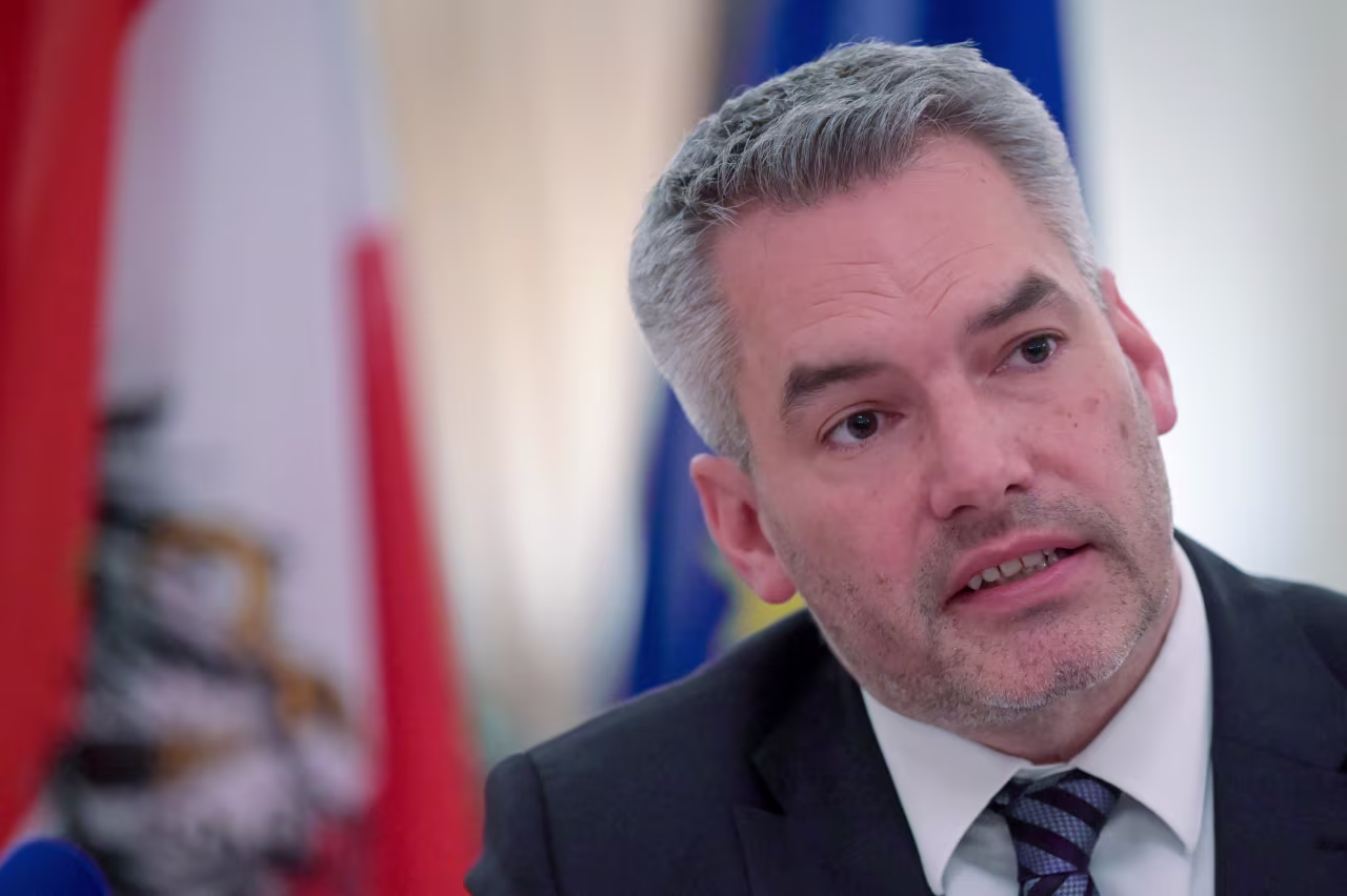 Austria's Chancellor Karl Nehammer speaks during a news conference after his meeting with Russian President Vladimir Putin in Moscow, Russia on April 11. 