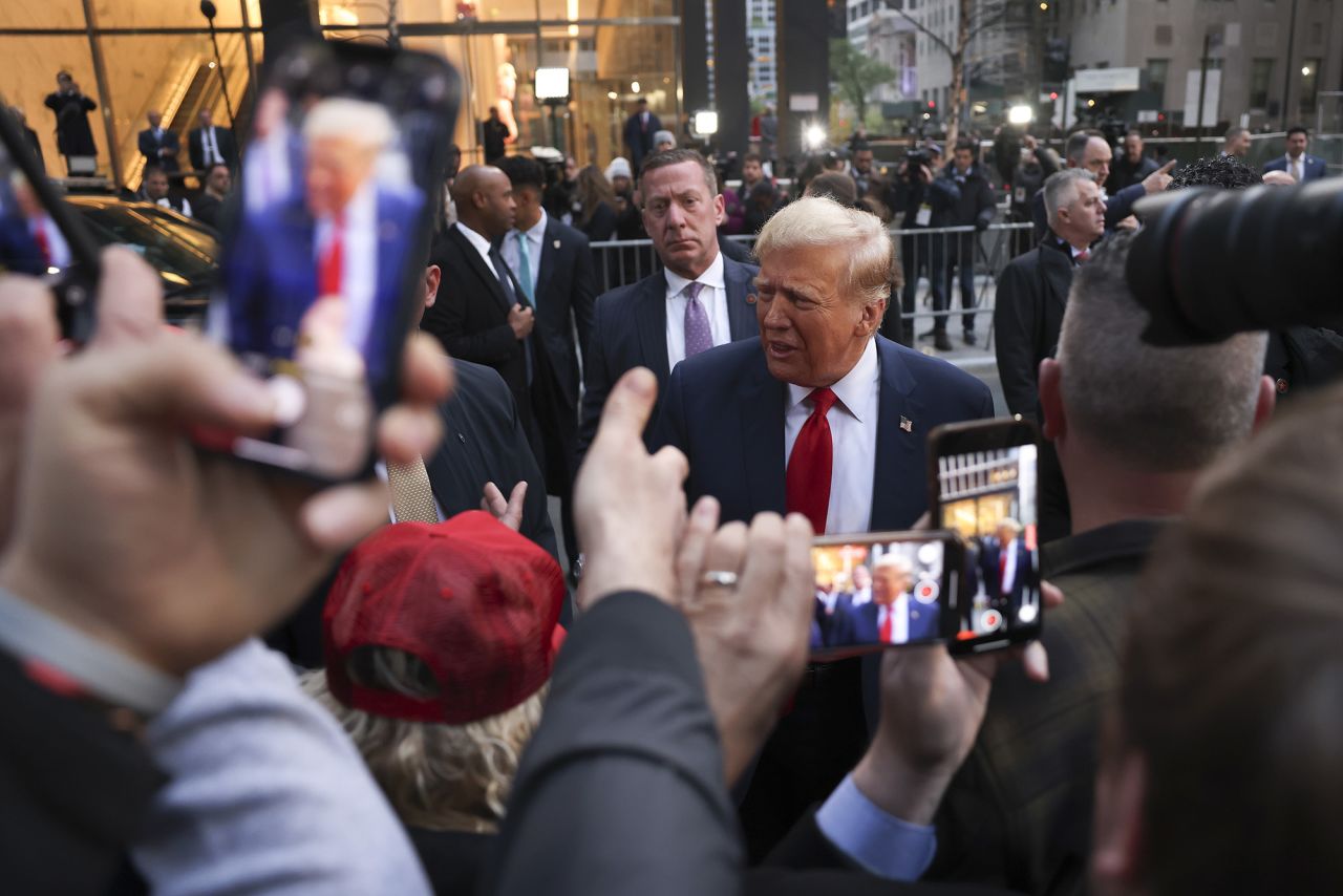 Former President Donald Trump speaks with supporters at the construction site of the new JPMorgan Chase headquarters in midtown Manhattan, New York, on April 25.