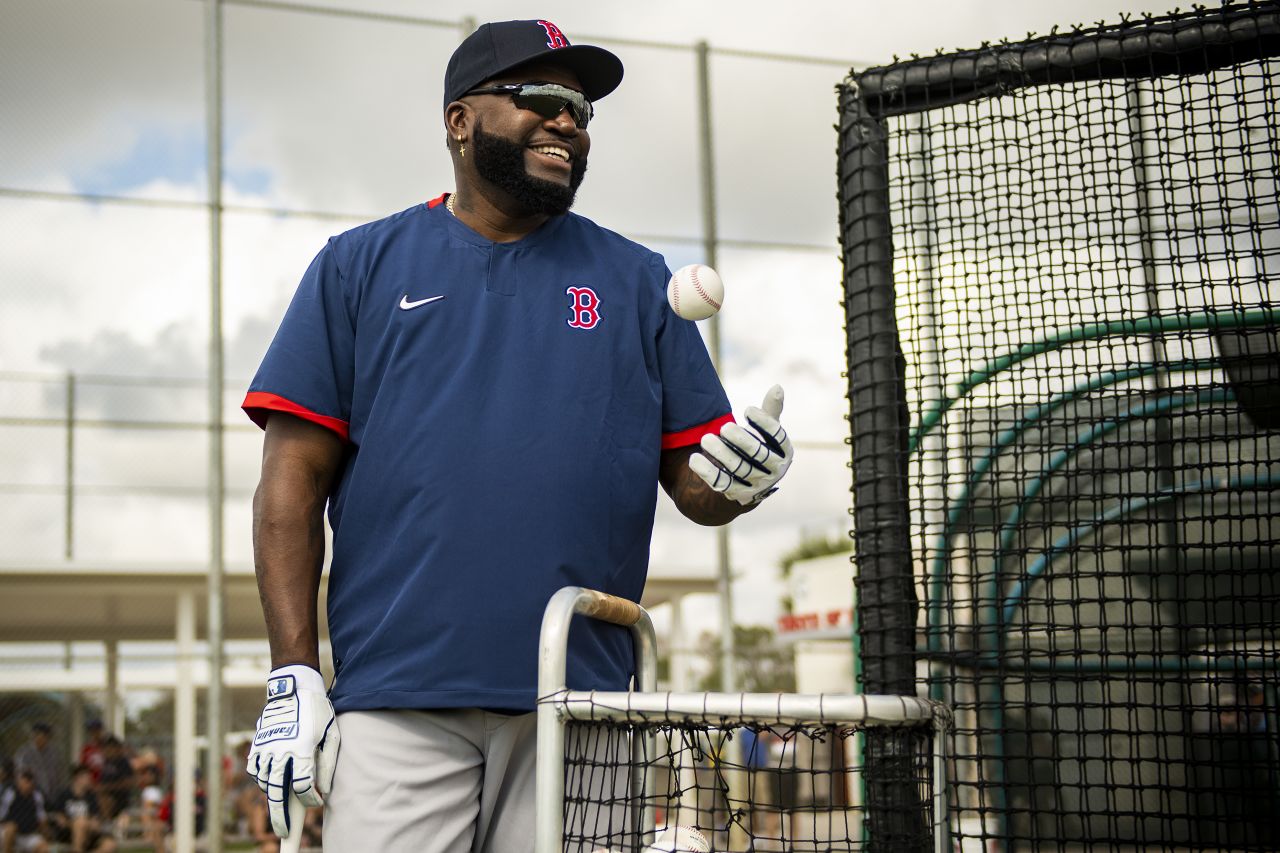 Former designated hitter David Ortiz of the Boston Red Sox smiles during a team workout on February 20 in Fort Myers, Florida. 