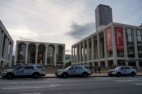 A banner advertising the New York Philharmonic hangs on the exterior of Lincoln Center in New York.