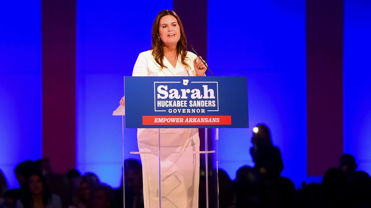 Sarah Huckabee Sanders, the one-time press secretary and communications director for former President Donald Trump, speaks during her election night party in Little Rock, Arkansas. CNN projects she will win Arkansas' gubernatorial race, becoming the first woman elected governor of Arkansas.