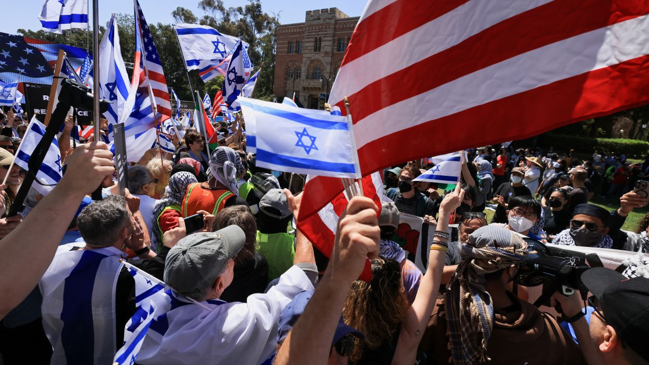 Pro-Israel counter-protesters gather during a demonstration in support of Palestinians at UCLA in Los Angeles on April 28. 