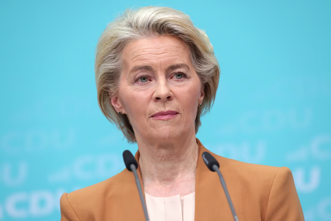 Ursula von der Leyen, President of the European Commission speaks to the media at CDU headquarters on February 19, in Berlin, Germany. 