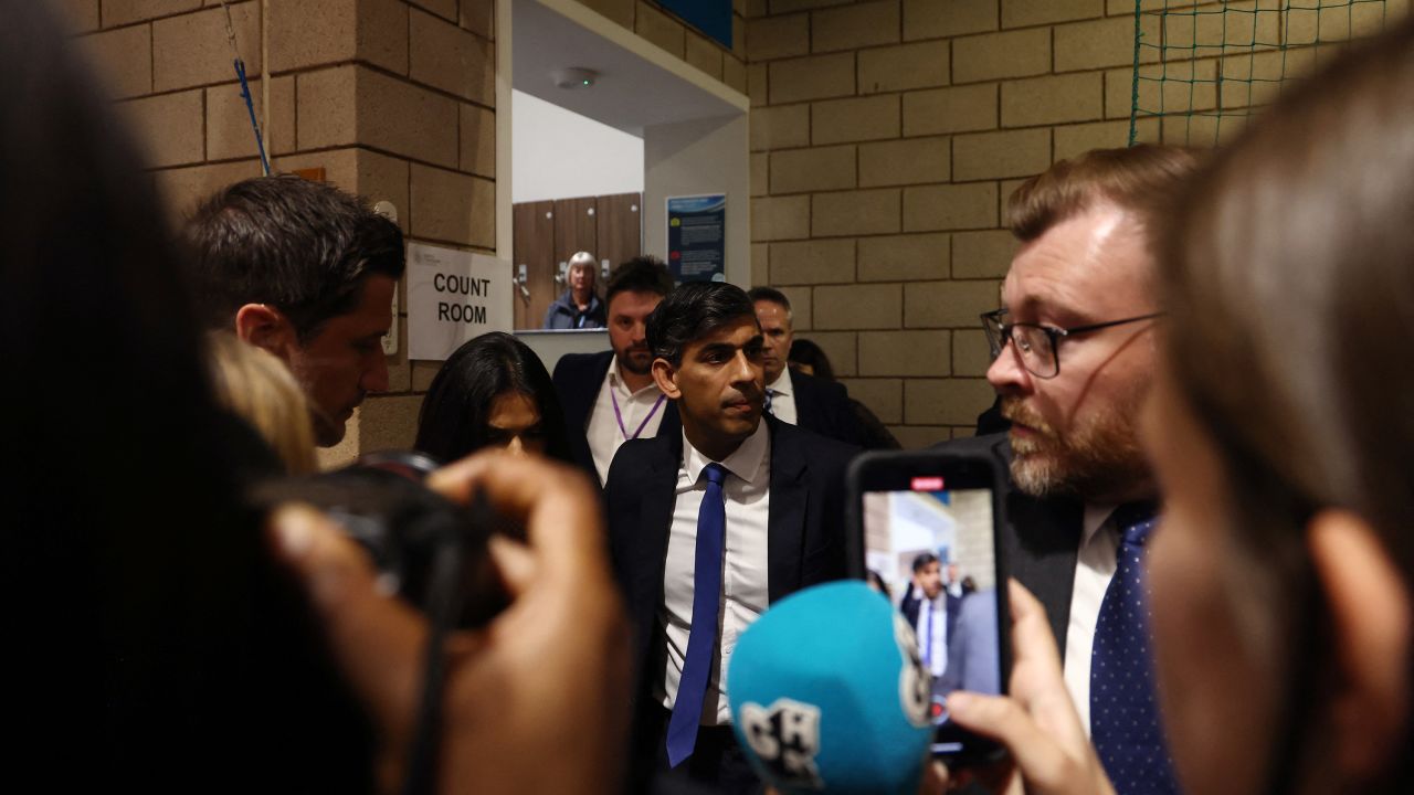 Britain's Prime Minister and Conservative Party leader Rishi Sunak arrives for the declaration of results in Northallerton, England, on July 5. 