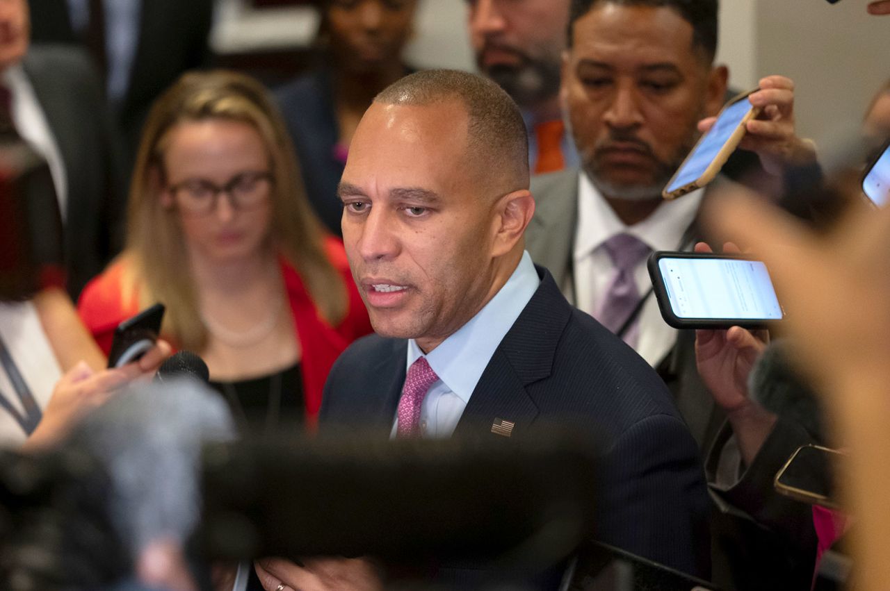 Rep. Hakeem Jeffries speaks to reporters at the US Capitol in Washington, D.C., on Tuesday, October 03.