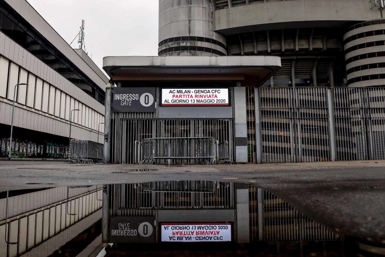 A general view shows the Giuseppe Meazza stadium closed due to the coronavirus emergency in Milan, Italy, on March 1.