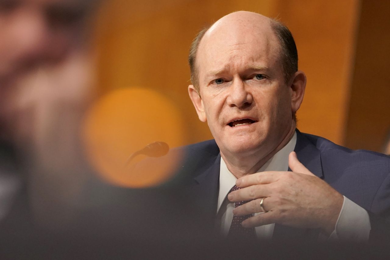 Sen. Chris Coons asks a question to Secretary of State Mike Pompeo during a Senate Foreign Relations to discuss the Trump administration’s FY 2021 budget request for the State Department on July 30, in Washington.