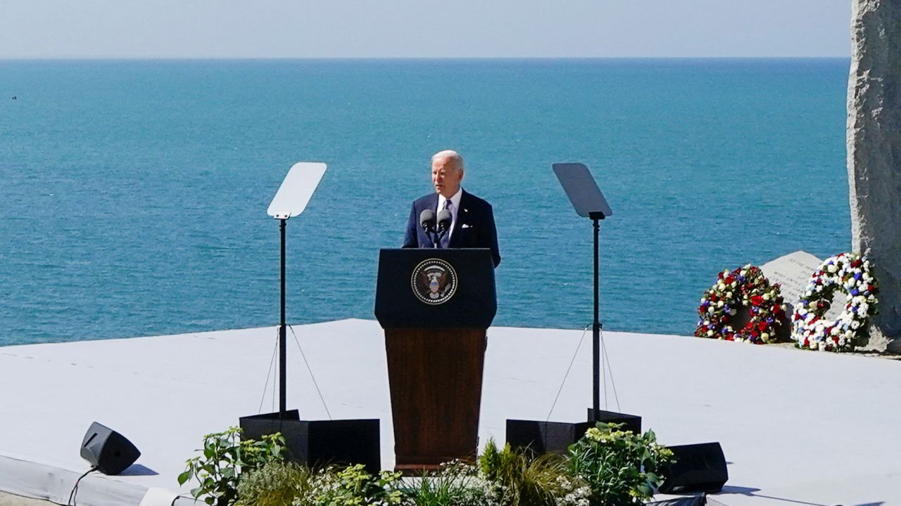 U.S. President Joe Biden delivers remarks at the World War II Pointe du Hoc Ranger Monument following the 80th anniversary of the 1944 D-Day landings in Cricqueville-en-Bessin, Normandy, France, on June 7.