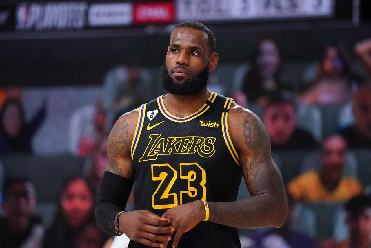 LeBron James of the Los Angeles Lakers looks on during a game against the Denver Nuggets during Game Two of the Western Conference Finals of the NBA Playoffs at AdventHealth Arena in Orlando, Florida, on September 20.