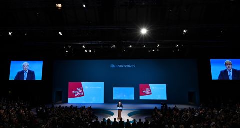 Boris Johnson delivers his keynote speech at the Conservative Party conference. 