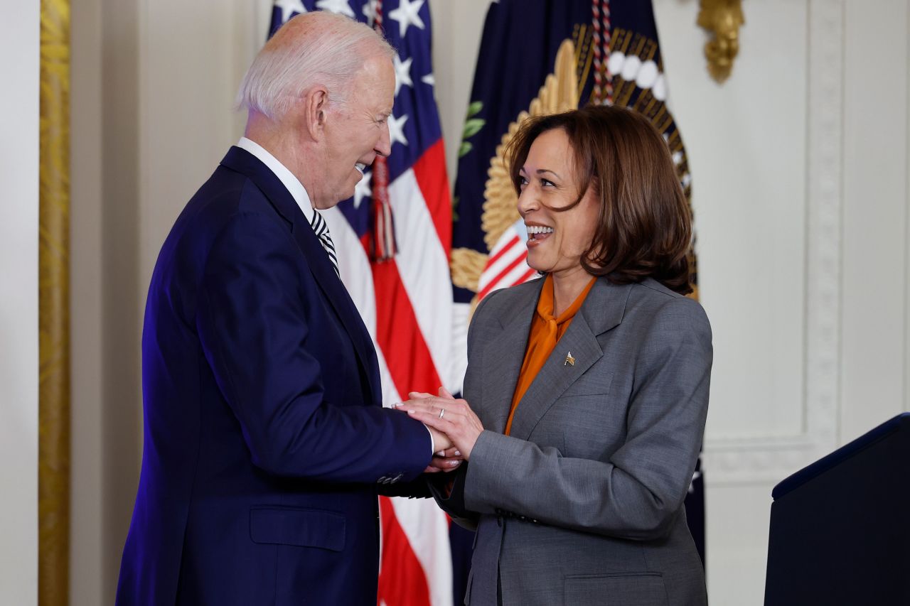 Vice President Kamala Harris introduces President Joe Biden during an event in the East Room of the White House in October.