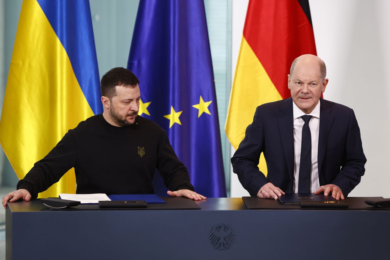 German Chancellor Olaf Scholz and Ukrainian President Volodomyr Zelensky prepare to sign an economic and security agreement at the Chancellery on February 16, in Berlin, Germany.?