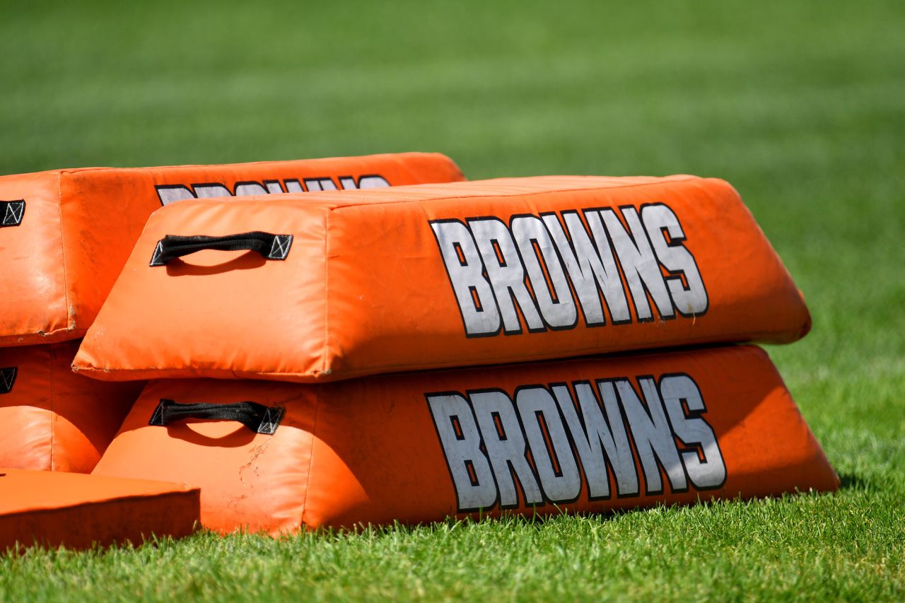 Practice pads sit on the field during training camp on August 18 at the Browns training facility in Berea, Ohio. 