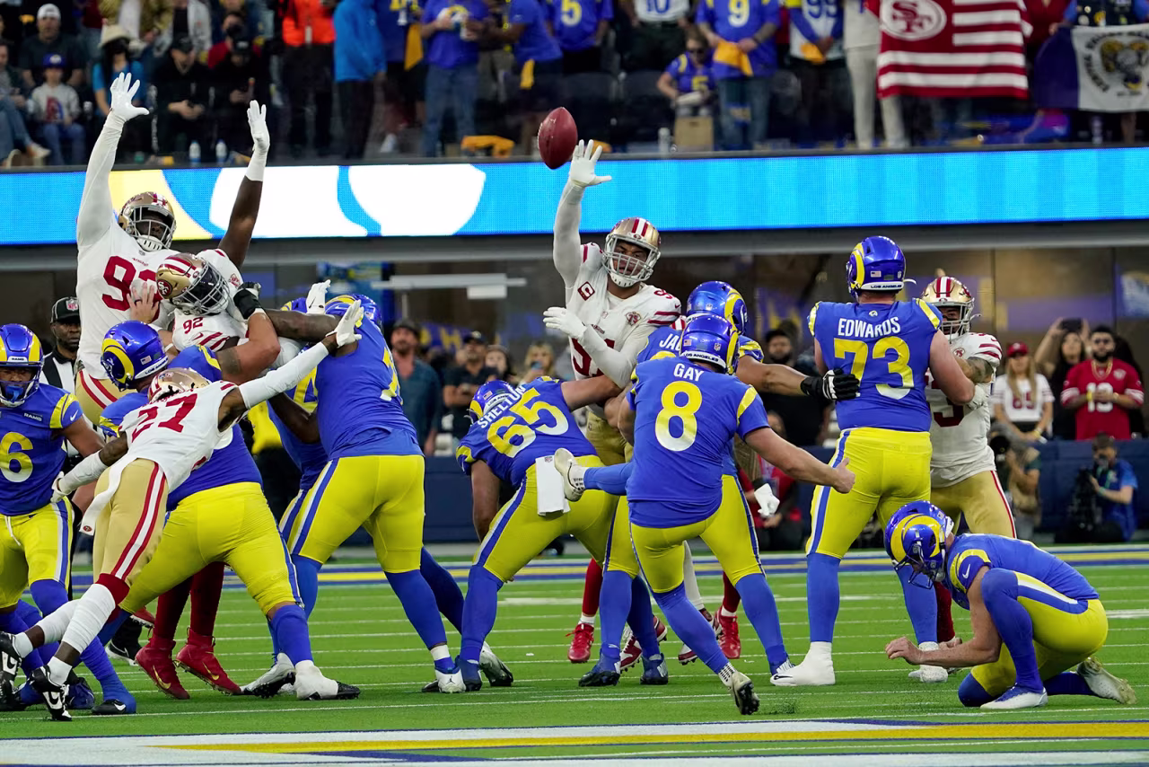 Los Angeles Rams' Matt Gay misses a field goal during the first half of the NFC Championship NFL football game against the San Francisco 49ers on Sunday.