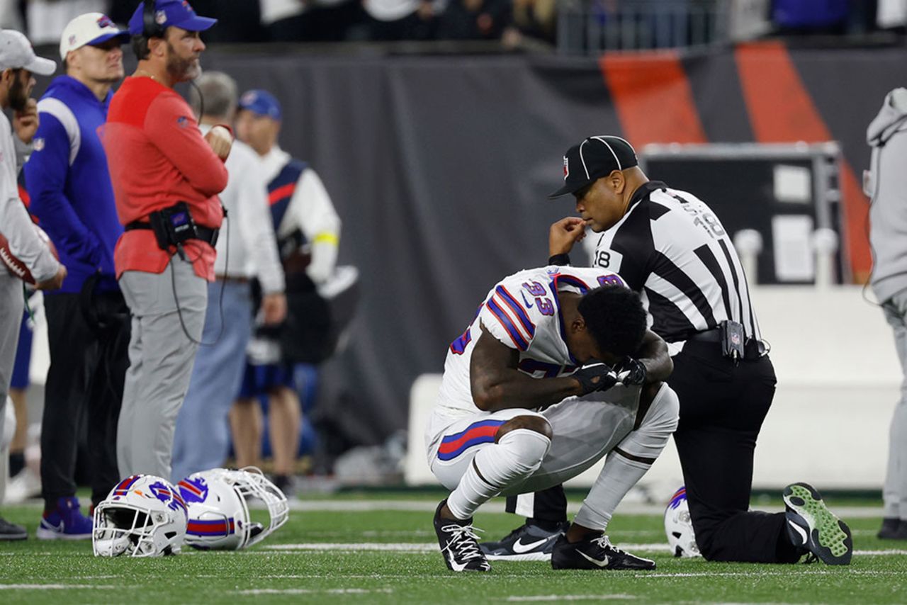 Siran Neal reacts after teammate Hamlin's injury.