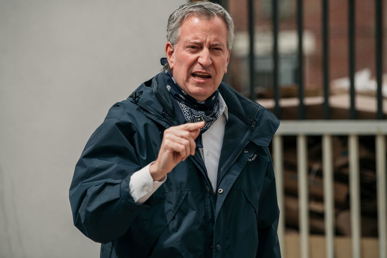 New York City Mayor Bill de Blasio speaks to the press in April.