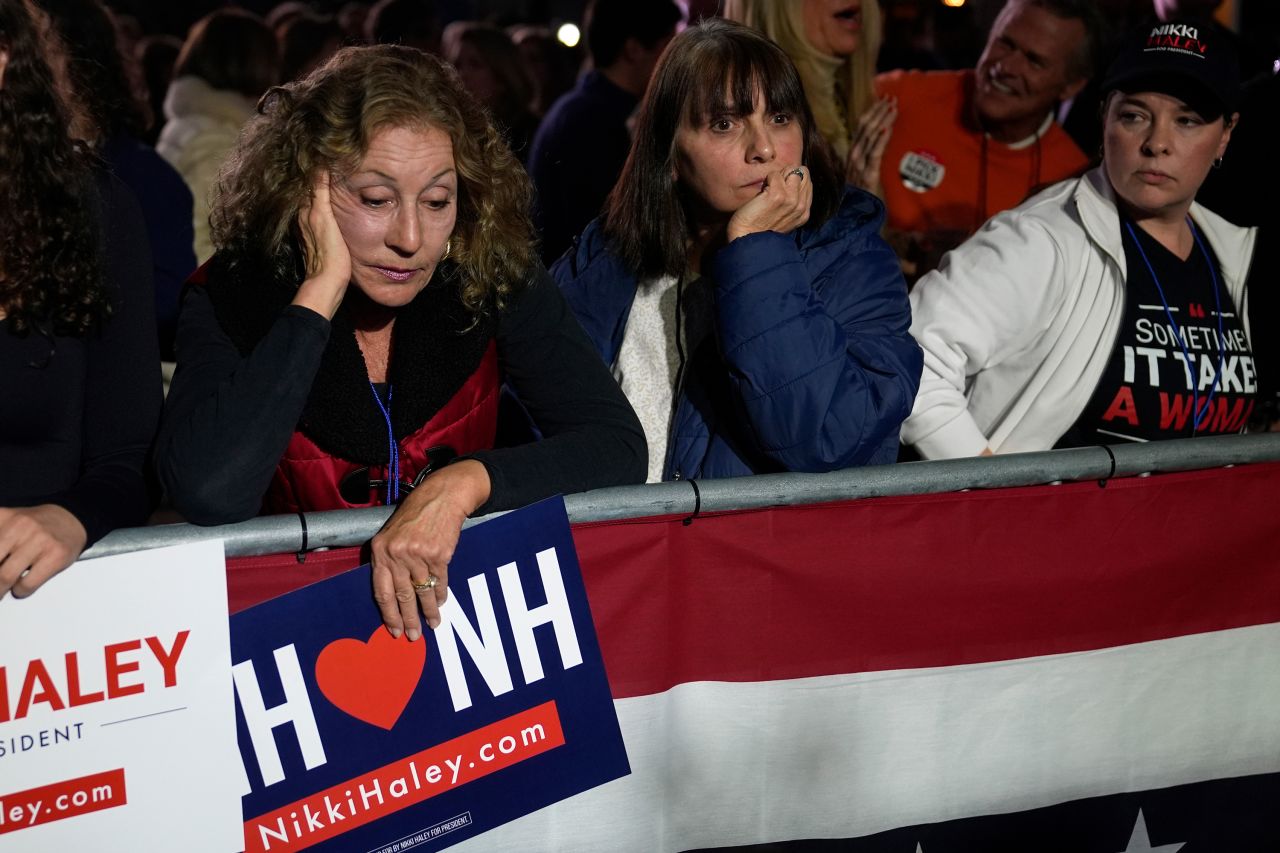 Haley supporters react as election results come in at the watch party in Concord.