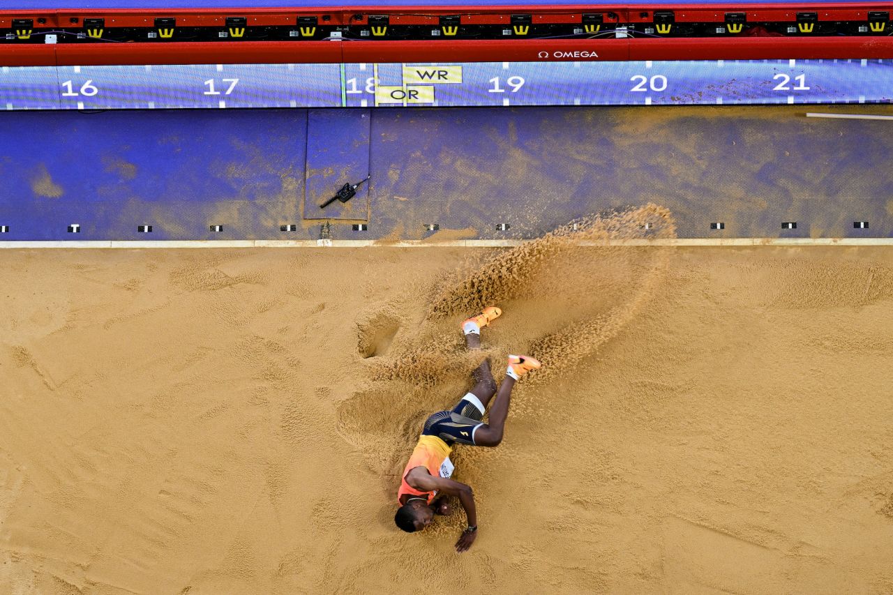 Spain's Jordan Alejandro Díaz Fortún competes in the men's triple jump final.