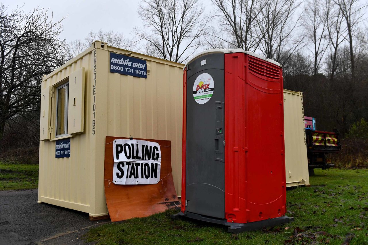 A converted shipping container is used as a polling station in Dudley, England. Photo: Jacob King/PA Wire via Getty Images