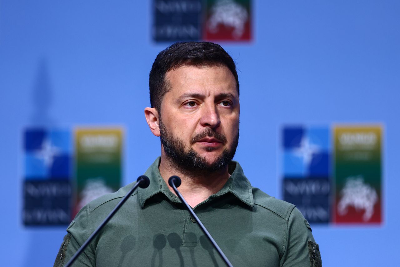 Volodymyr Zelenskyy speaks at a press conference in Vilnius, Lithuania on July 12.