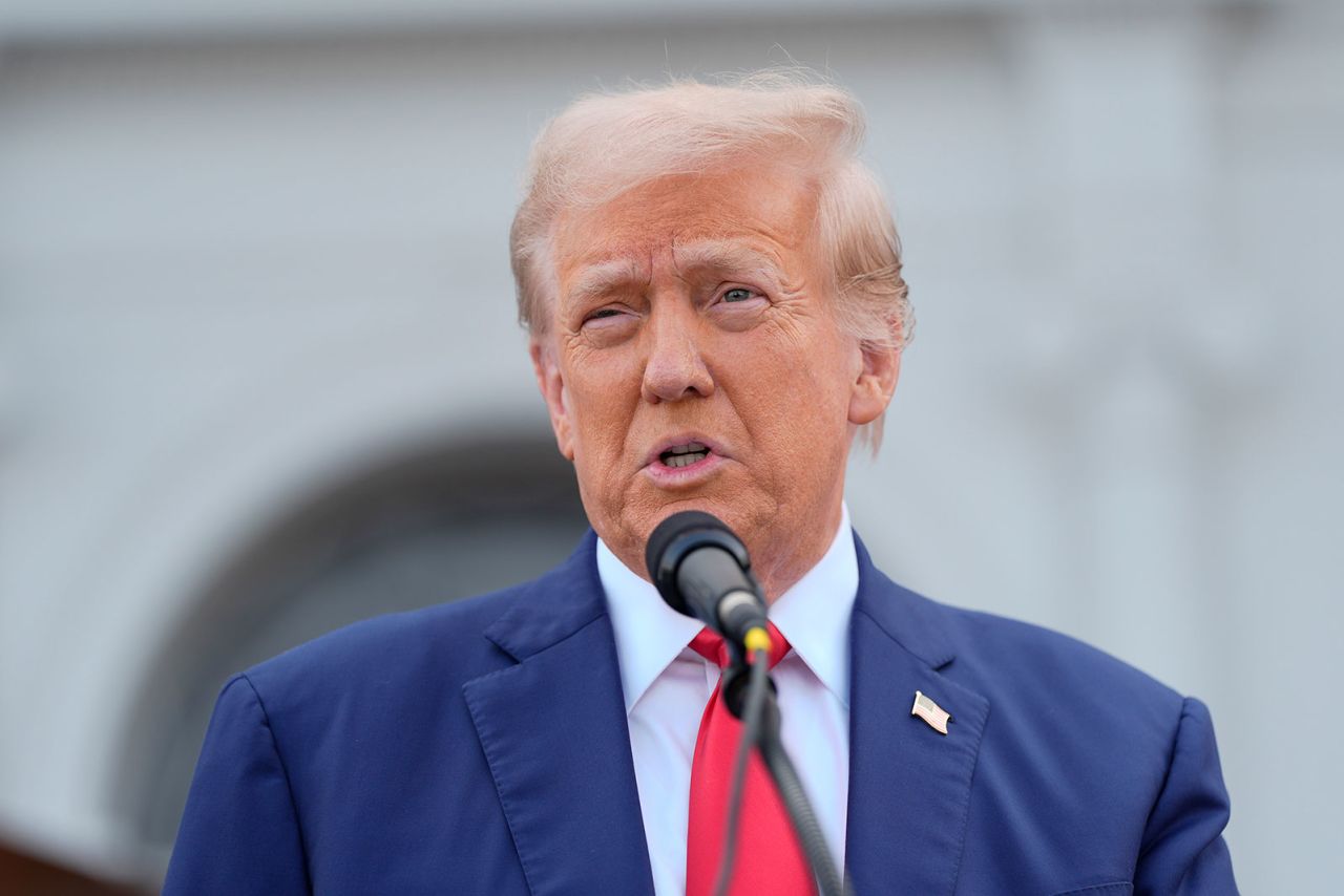 Republican presidential nominee former President Donald Trump speaks at a news conference at Trump National Golf Club, Thursday, August 15.