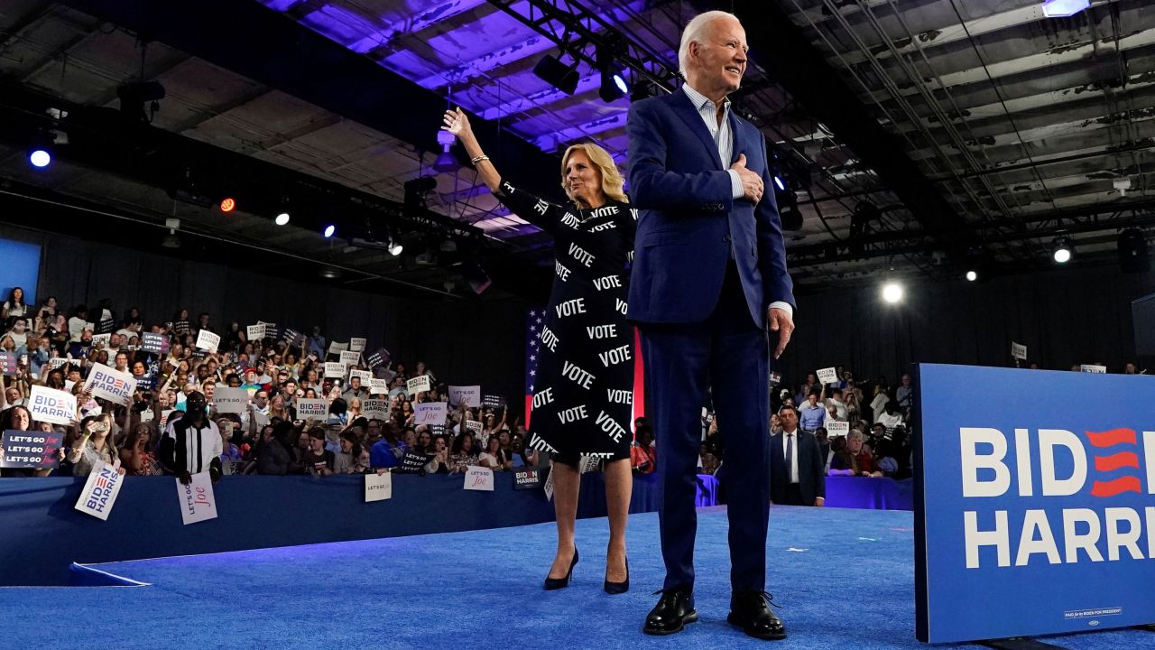 President Joe Biden and first lady Jill Biden leave the stage during a campaign rally in Raleigh, North Carolina, on June 28. 