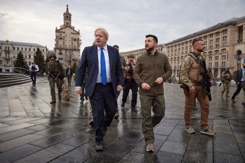 British Prime Minister Boris Johnson and Ukrainian President Volodymyr Zelensky walk at Khreschatyk Street and Independence Square during their meeting in Kyiv, Ukraine, on April 9.