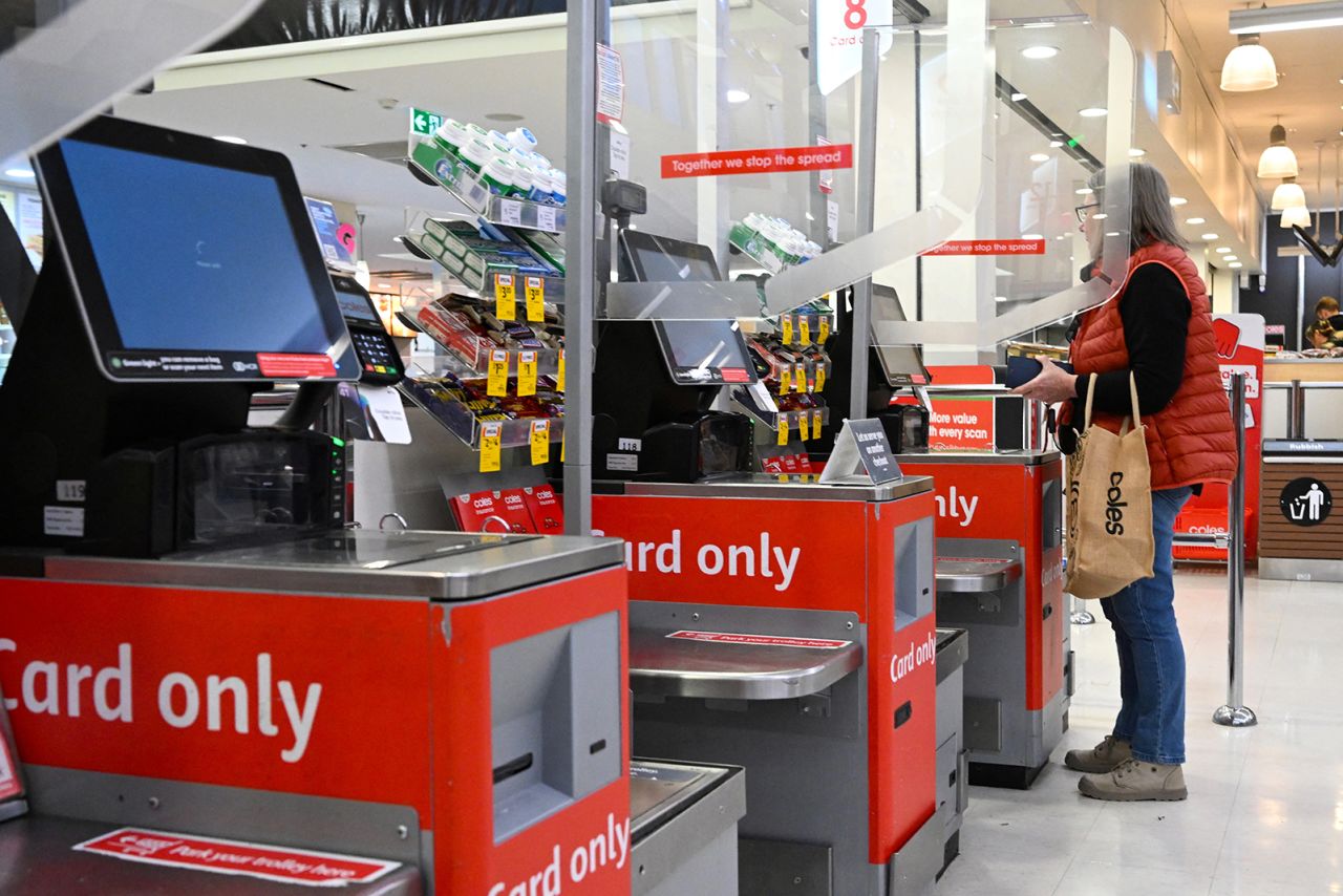 A checkout terminal hit by IT issues is seen at a Coles store in Canberra, Australia, on July 19.