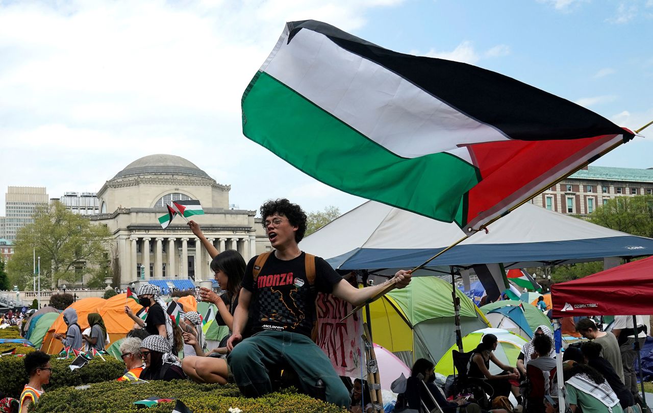 Protesters wave Palestinian flags on the West Lawn of Columbia University on April 29, 2024. Student demonstrators at Columbia University, the epicenter of pro-Palestinian protests that have erupted at US colleges, said Monday they would not budge until the school met their demands, defying an ultimatum to disperse or face suspension.?