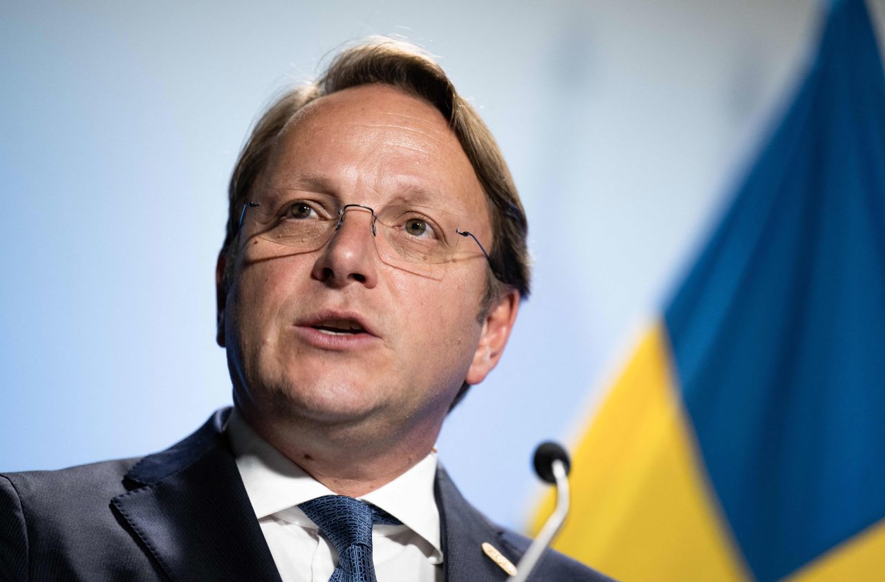 EU Commission Neighborhood and Enlargement Commissioner Oliver Varhelyi addresses a press conference after the Informal meeting of the General Affairs Council at Arlanda Xpo, north of Stockholm, Sweden, on June 22, 2023.