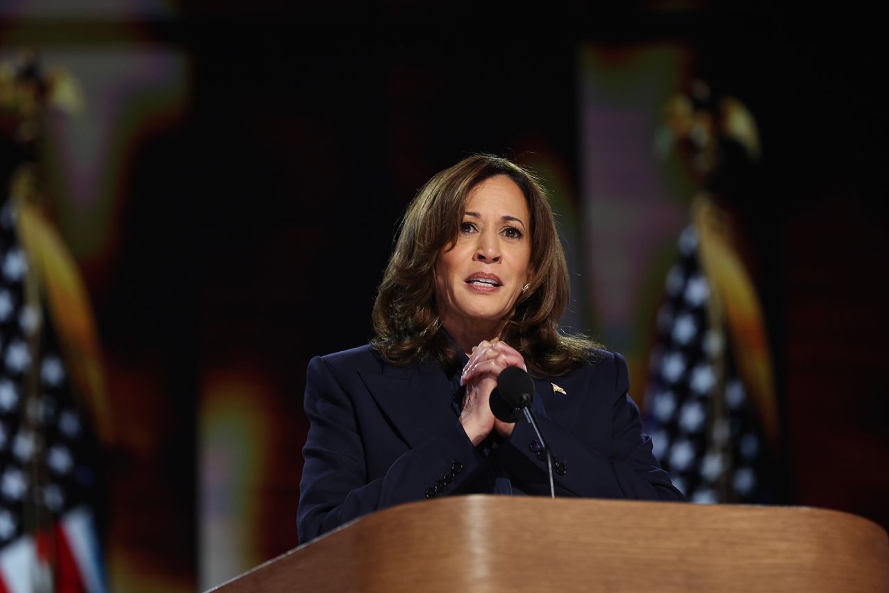 Kamala Harris speaks on stage during the final day of the Democratic National Convention at the United Center on August 22, in Chicago, Illinois.