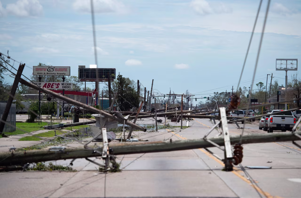 Downed power lines block a road after hurricane Laura passed through Lake Charles, Louisiana, on August 27. 