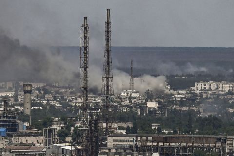 Black smoke and dirt rise above city of Severodonetsk during the battle between Russian and Ukrainian troops in the eastern Ukraine region of Donbas on June 9.