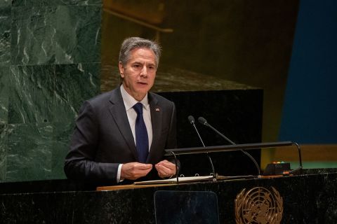 US Secretary of State Antony Blinken addresses the United Nations General Assembly during the Nuclear Non-Proliferation Treaty Review Conference in New York on August 1.