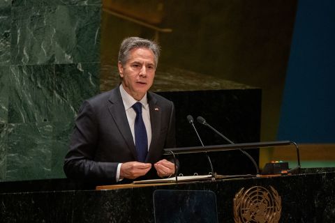 US Secretary of State Antony Blinken addresses the United Nations General Assembly during the Nuclear Non-Proliferation Treaty Review Conference in New York on August 1.