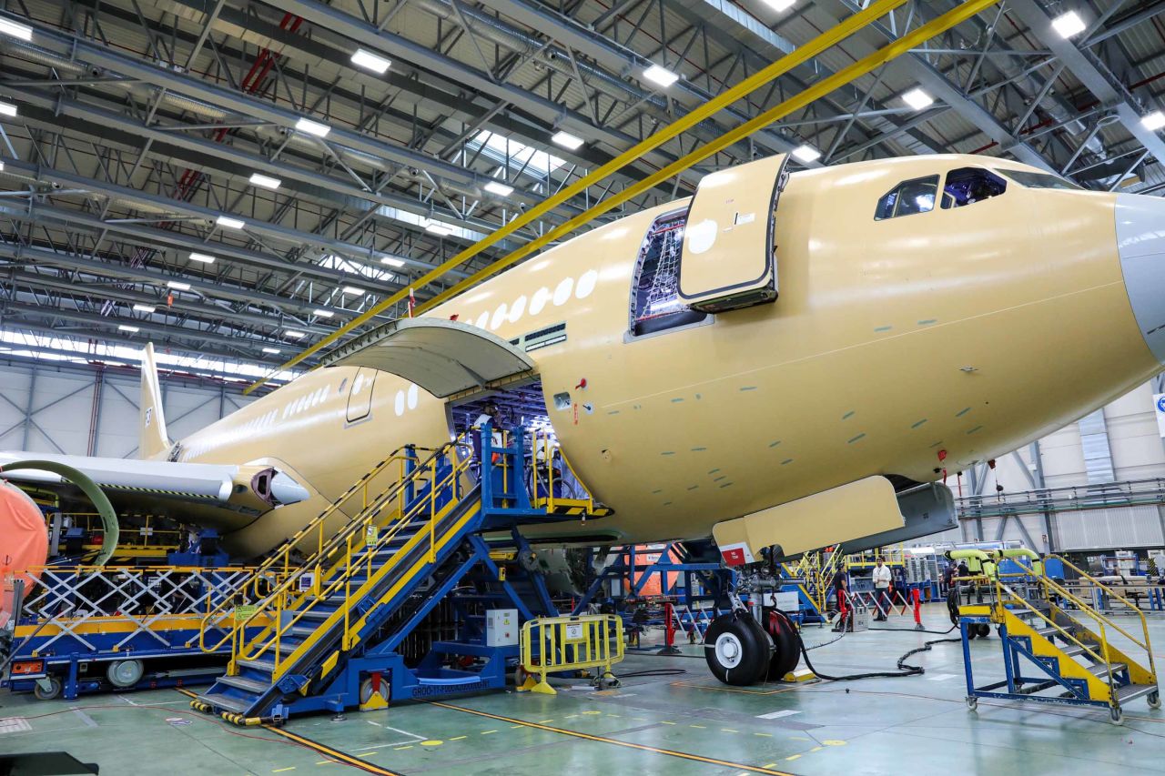 Maintenance work is carried out on an Airbus aircraft at a plant near Madrid, Spain, in November 2019.