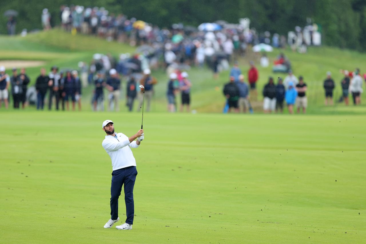 Scottie Scheffler plays a shot at the PGA Championship on Friday. 