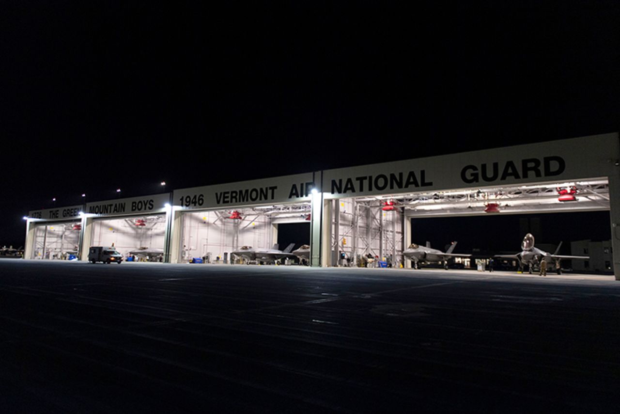 F-35A Lightning II aircraft from the 34th Fighter Squadron, 388th Fighter Wing, Hill Air Force Base, Utah, depart Vermont Air National Guard Base in South Burlington, Vermont, on February 16