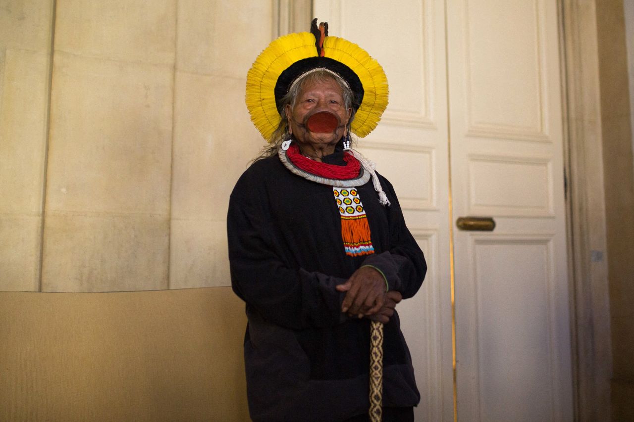 Indigenous leader Raoni Metuktire poses for a portrait in Paris, in May 2019. 