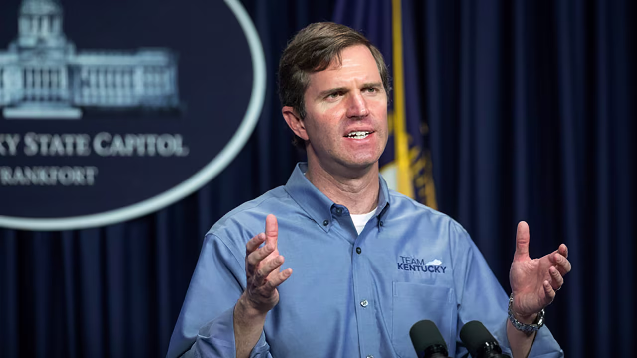 Kentucky Gov. Andy Beshear speaks about the novel coronavirus during a news conference at the state Capitol on April 26 in Frankfort, Kentucky.
