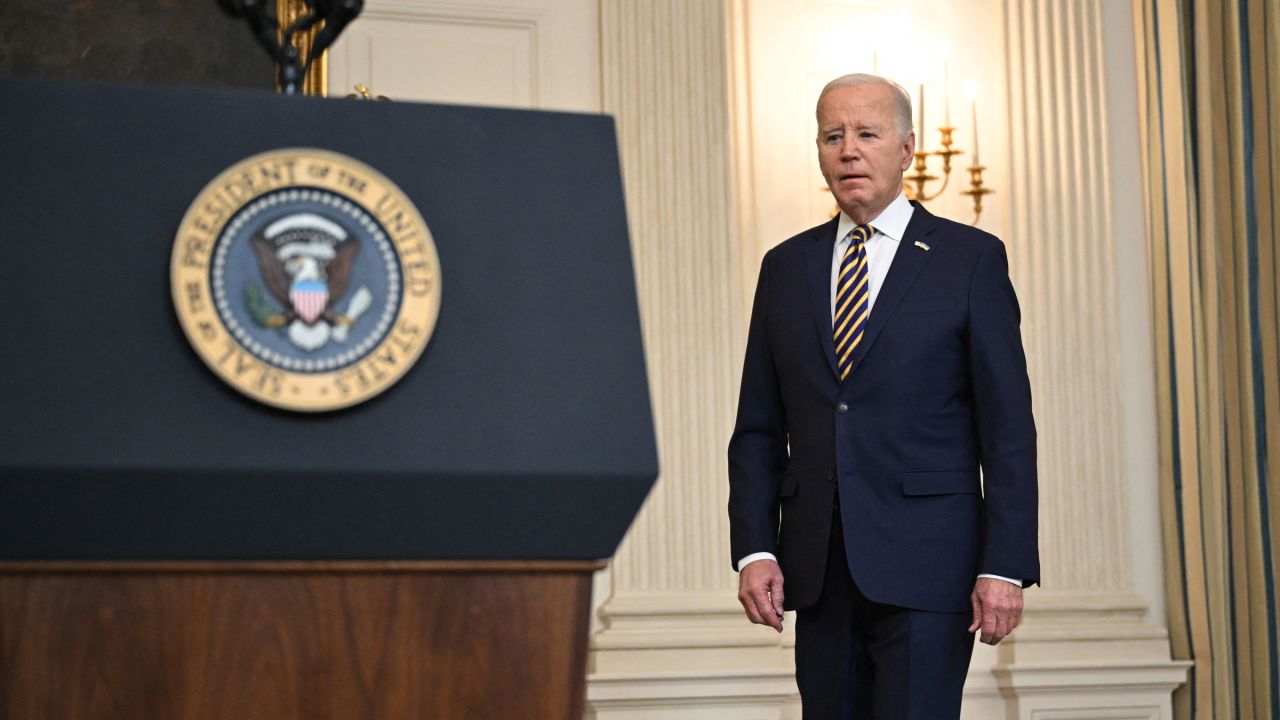 President Joe Biden arrives to speak in the State Dining Room of the White House on Tuesday.