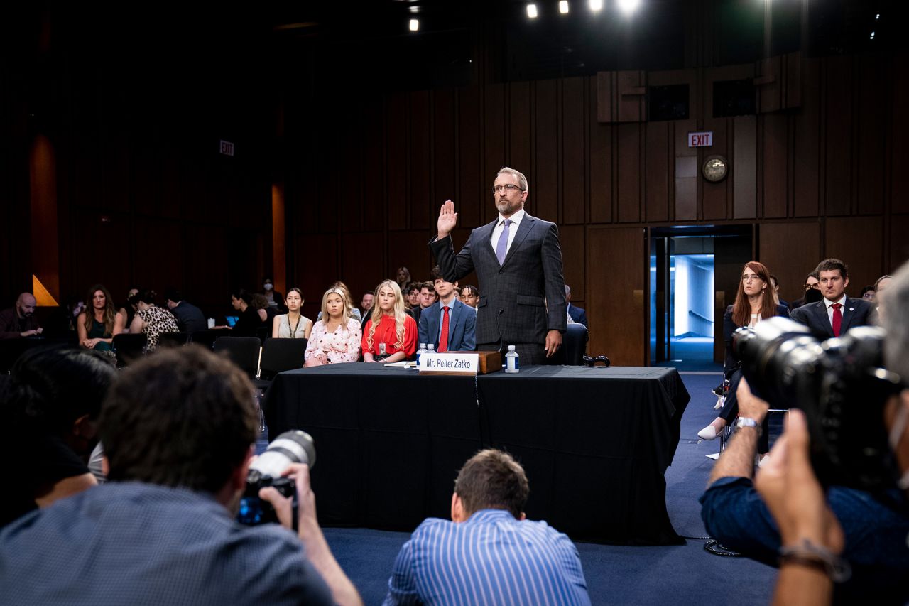 Peiter Zatko, is sworn in to testify before the Senate Judiciary Committee on Capitol Hill in Washington, on September 13.