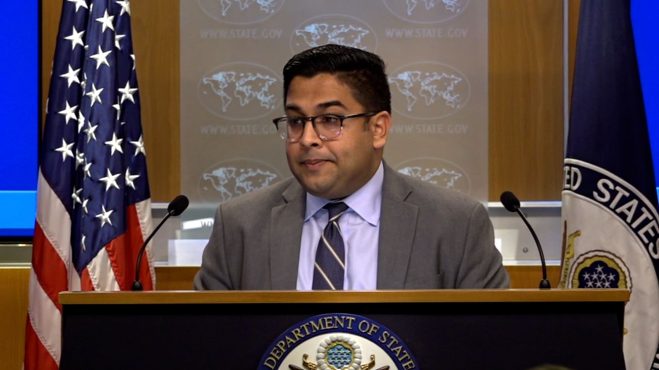 Vedant Patel, a spokesman for the US State Department, addresses the media on Monday.