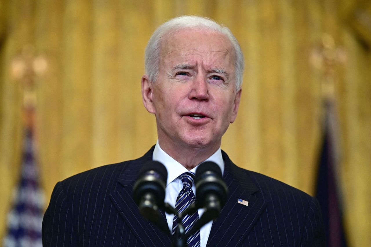 President Joe Biden speaks on the national vaccination efforts in the East Room of the White House in Washington, DC, on March 18.