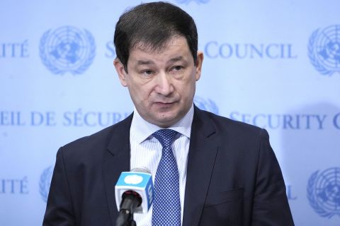 Dmitry Polyanskiy, Russia's first deputy permanent representative to the UN, speaks to the media at the UN headquarters on April 1.