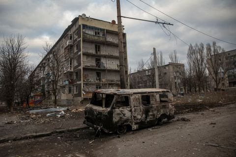 An empty street and buildings are seen damaged by a Russian military strike Bakhmut on Friday.