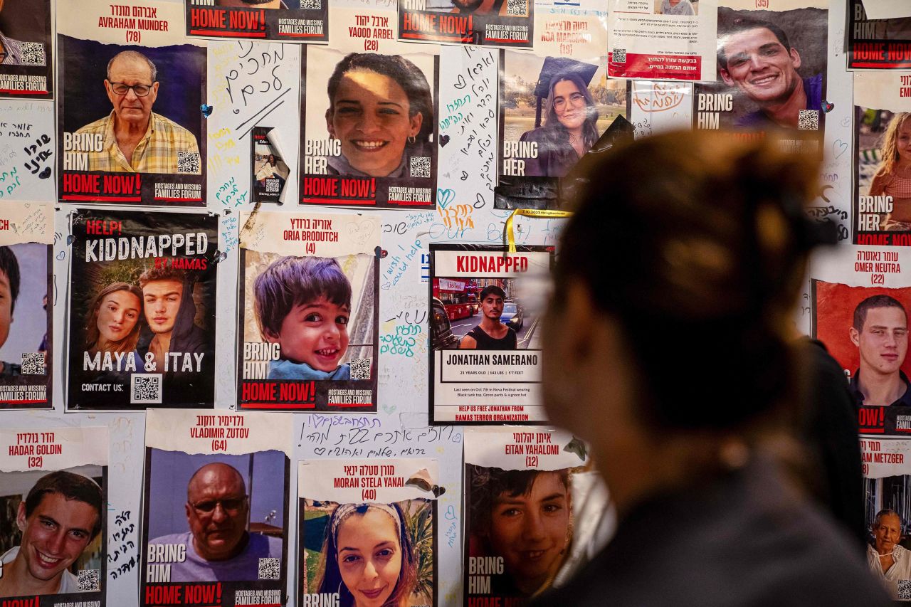 Posters of hostages are seen during a protest in Tel Aviv to show support for the families of hostages, on November 18. 