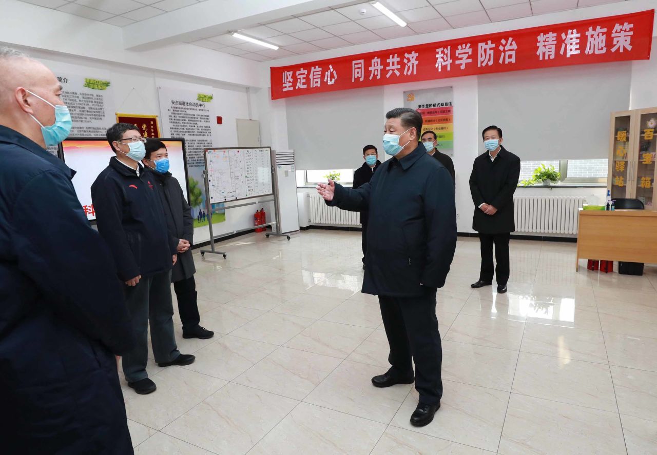 Chinese President Xi Jinping visits a site for novel coronavirus prevention work in Beijing on February 10.